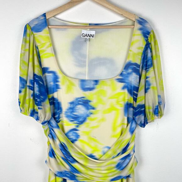 Ganni Printed Mesh Maxi Dress Strong Blue Green Floral Blue Square Neck 42 XL - Picture 7 of 16